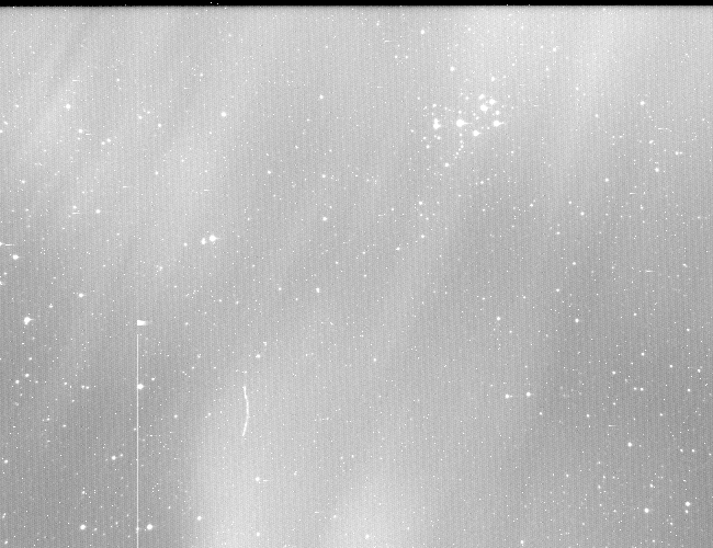 Grayscale stretched MicroObservatory Pleiades image with many point-like bright sources, a dark upper border, column texture, a vertical streak, and saturated areas.